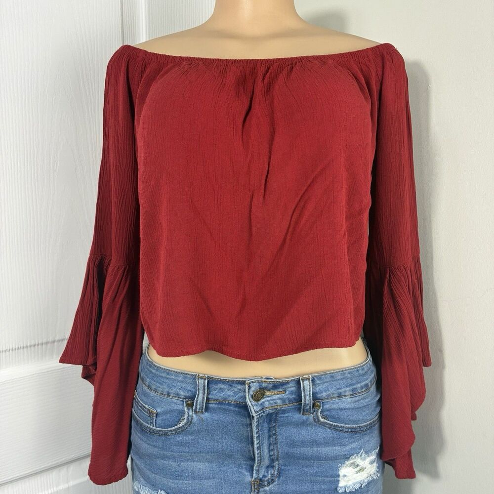 Womens Blouse Sz M Off-Shoulder Ruffle Bell Sleeve Deep Red Y2K